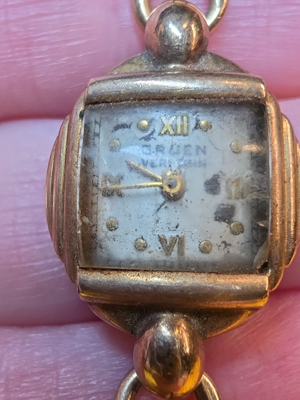 Vintage Gruen Art Deco Cocktail Watch w/ 12K GF Forstner Snake Chain Band